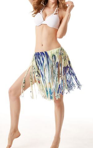 F4582-3 Yellowish Printed Tassel Beach Skirt